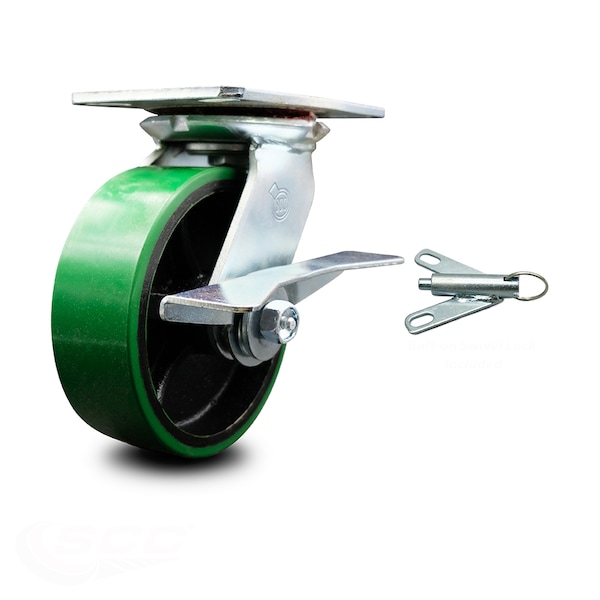 6 Inch Green Poly on Cast Iron Caster with Ball Bearing and Brake/Swivel Lock